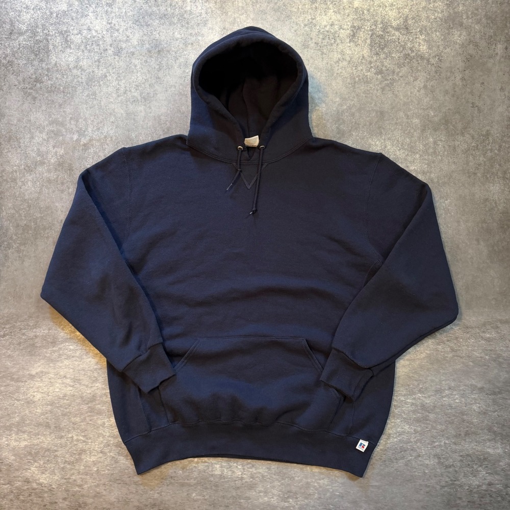 Vintage Russell Athletic Hoodie Navy Blue Blank Fleece Pullover Men's Size XL